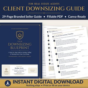 Digital Download, Real Estate Agent Downsizing Guide for Seniors, 29-Page Branded PDF (Fillable, Canva-Ready)