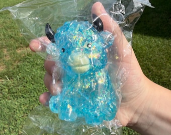 Blue Highland Cow Squishy Glitter Sensory Stress Toy  Kawaii Fidget Toy  Cute Collectible Squishy