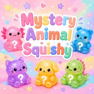 Könnte beinhalten: Fünf glitzernde Tier-Squishy-Spielzeuge in Pink, Blau, Lila, Gelb und Grün, jedes mit einem weißen Fragezeichen auf der Brust. Der Text Mystery Animal Squishy ist in großen, bunten Buchstaben im Blasen-Stil über den Figuren abgebildet.