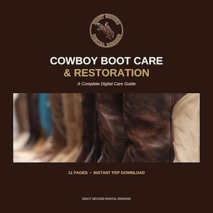 May include: A digital guide titled COWBOY BOOT CARE & RESTORATION with the subtitle A Complete Digital Care Guide. The graphic features a circular logo of a bucking horse and rider, and a row of various leather cowboy boots in the center.