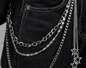 Lagerkedja med byxor, silverfärgad stjärnkedja i bälte, punk hiphop-plånbokskedja, lagerkedja med jeans unisex, Y2K-gatuaccessoar