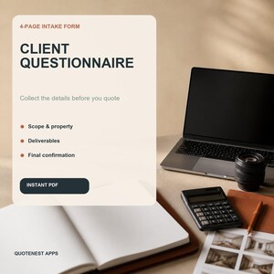 Puede incluir: Un formulario de admisión digital de 4 páginas titulado Client Questionnaire con el texto Collect the details before you quote, Scope & property, Deliverables, Final confirmation e Instant PDF. El documento aparece junto a un portátil.