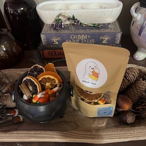 Op de afbeelding: Een zwarte plastic ketel gevuld met gedroogde sinaasappelschijfjes, kaneelstokjes en candy corn, naast een beige zakje met het label Ghoulish Treats en een spookafbeelding, omringd door dennenappels en eikels in een houten schaal.