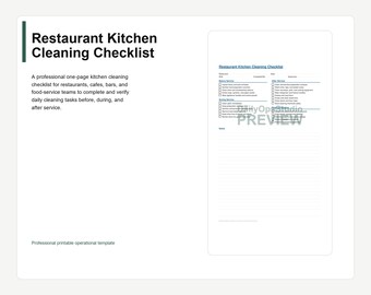 Restaurant Kitchen Cleaning Checklist | Printable PDF | Commercial Kitchen Cleaning Log | Food Safety Checklist | Instant Download