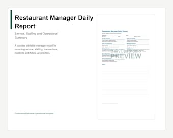 Restaurant Manager Daily Report Printable | Shift Log Book PDF | Restaurant Operations Form
