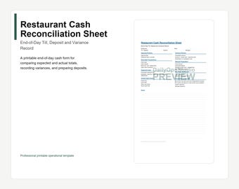 Restaurant Cash Reconciliation Sheet | End of Day Till Count PDF | Cashier Form