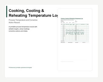 Cooking Cooling Reheating Temperature Log | Restaurant Food Safety Record PDF