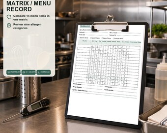 Restaurant Allergen Matrix Printable | Menu Allergen Record PDF | Kitchen Template