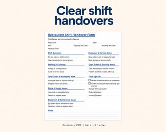 Restaurant Shift Handover Log | Manager Shift Report & Staff Communication Form | Printable PDF