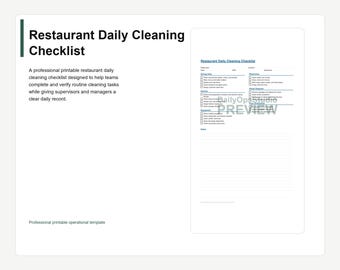 Restaurant Daily Cleaning Checklist | Printable PDF | Kitchen Cleaning Log | Cafe Cleaning Checklist | Instant Download