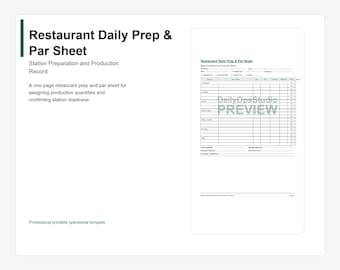 Restaurant Prep List Printable | Daily Prep and Par Sheet PDF | Kitchen Production Template