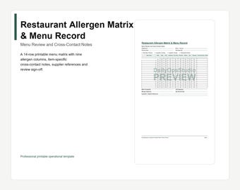 Restaurant Allergen Matrix Printable | Menu Allergen Record PDF | Kitchen Template
