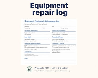 Restaurant Maintenance Log | Kitchen Equipment Repair & Follow-Up Record | Printable PDF
