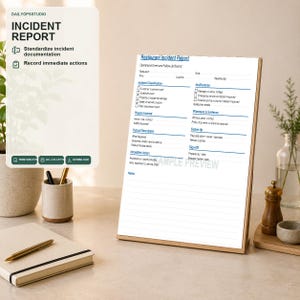 Puede incluir: Un formulario de informe de incidentes de restaurante en blanco con encabezados y líneas azules para documentación, exhibido en un soporte de madera. El documento incluye secciones para clasificación de incidentes y acciones.