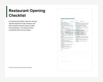 Restaurant Opening Checklist Printable | Daily Opening Checklist PDF | Restaurant Template | Small Business Operations | Instant Download