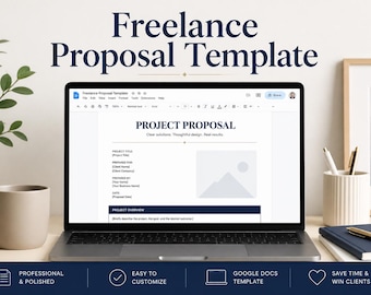 Puede incluir: Una pantalla de portátil que muestra una plantilla de propuesta freelance en Google Docs. El documento incluye secciones para el título del proyecto, el cliente, el preparador, la fecha y una descripción general con una imagen de montaña.