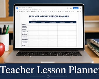 Puede incluir: Una pantalla de portátil que muestra una plantilla digital de planificador semanal para docentes con columnas de lunes a viernes y filas para materias, objetivos de aprendizaje, calentamiento, plan de lección, actividades y notas.