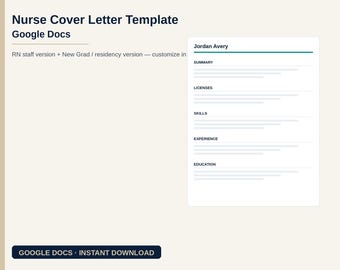 Puede incluir: Una plantilla digital de carta de presentación para enfermería en Google Docs de CURRENTGRIT. El documento presenta un diseño limpio con secciones para resumen, licencias, habilidades, experiencia y educación. Incluye dos versiones.