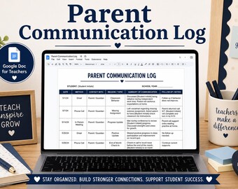 Puede incluir: Una plantilla digital de registro de comunicación con los padres en la pantalla de una computadora portátil. El documento incluye columnas para fecha, método, contacto, tema, resumen y notas. Rodeado de una taza con texto, un letrero y un cuaderno.