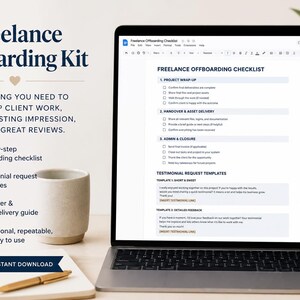May include: A laptop displaying a Freelance Offboarding Checklist document in Google Docs. The screen shows sections for project wrap-up, handover, and testimonial templates. Text on the left reads Freelance Offboarding Kit and lists features.