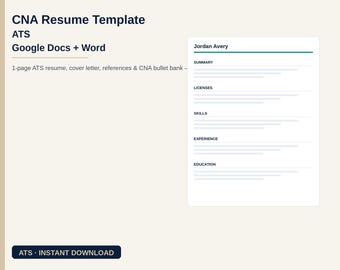 Puede incluir: Una plantilla de currículum de CNA para Google Docs y Word con el texto CURRENTGRIT, CNA Resume Template, ATS, Google Docs + Word, 1-page ATS resume, cover letter, references & CNA bullet bank, Jordan Avery y ATS INSTANT DOWNLOAD.
