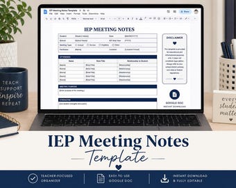 Puede incluir: Una plantilla digital de notas de reunión IEP mostrada en la pantalla de una computadora portátil. El documento incluye secciones para información del estudiante, propósito de la reunión, asistentes y un descargo de responsabilidad.