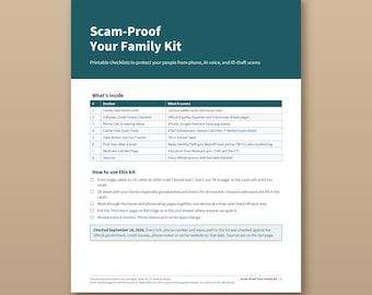 Puede incluir: Un documento imprimible titulado Scam-Proof Your Family Kit con un encabezado verde azulado oscuro. Incluye una tabla con ocho secciones sobre congelación de crédito, filtrado de llamadas y protección contra estafas, además de instrucciones.
