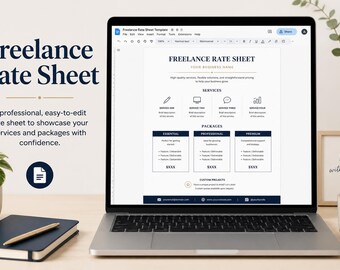 Puede incluir: Una pantalla de portátil que muestra una plantilla digital de hoja de tarifas para autónomos con secciones de servicios, paquetes y proyectos personalizados. El documento presenta un diseño limpio con encabezados azul oscuro e iconos.