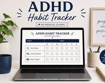 Puede incluir: Una pantalla de portátil que muestra una plantilla de seguimiento de hábitos TDAH con columnas para hábitos como beber agua, caminar 10 minutos y leer 5 páginas, junto con casillas de verificación. El texto dice ADHD Habit Tracker.