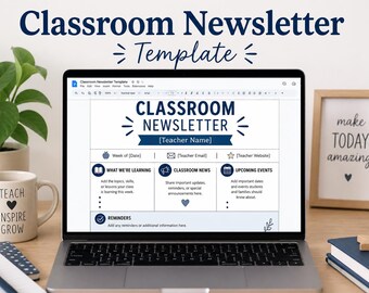 Puede incluir: Una pantalla de portátil que muestra una plantilla digital de boletín escolar con texto e iconos en azul oscuro. El diseño incluye secciones para el nombre del profesor, temas de aprendizaje, noticias de clase, eventos y recordatorios.