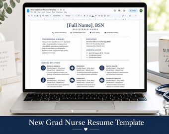 Puede incluir: Una pantalla de portátil que muestra una plantilla de currículum para enfermería con secciones de resumen profesional, educación, certificaciones y rotaciones clínicas, incluyendo espacios para datos de contacto y centros.