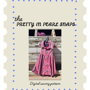 May include: A digital sewing pattern titled the PRETTY IN PEARL SNAPS featuring a photograph of a sleeveless dress with a collar, button-down front, and vertical stripes in shades of pink, grey, and white, displayed on a hanger.