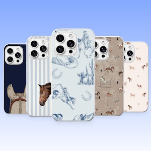 May include: Five smartphone cases featuring horse-themed designs. The cases display various patterns including a horse head on a dark blue background, a horse head on blue stripes, a western cowboy motif, a horse jumping scene, and small horses.