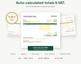 Vorlagenpaket für Rechnungen von britischen Freelancern | Automatische Berechnung (Excel/Google Sheets) (Digitaler Download)
