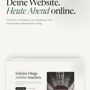 Könnte beinhalten: Eine digitale Website-Vorlage mit dem Text "Deine Website. Heute Abend online." und "Schöne Dinge sichtbar machen." Das Layout zeigt eine Browser-Oberfläche mit einem Header-Bereich, einem Foto eines Gewölbes und verschiedenen Statistiken.