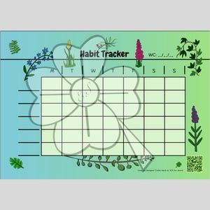 Op de afbeelding: Een rechthoekig gewoonte-trackerblad met een blauw naar groen verloop als achtergrond. Het bevat een raster voor zeven dagen van de week, gelabeld van M tot S, met bloemillustraties, een QR-code en de tekst Habit Tracker en WC: _/_/_.