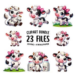 Pode incluir: Um pacote de clipart digital com 23 arquivos, incluindo 19 PNGs e 4 papéis de parede. A coleção exibe várias ilustrações de bezerros de desenho animado com manchas pretas e brancas, laços cor-de-rosa e flores, alguns segurando garrafas.