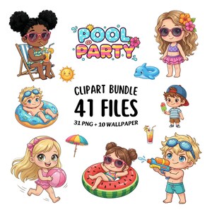 Peut inclure: Un ensemble de cliparts numériques intitulé POOL PARTY comprenant 41 fichiers, dont 31 images PNG et 10 fonds d'écran. Les graphiques présentent des personnages de dessins animés en maillot de bain, des bouées, un pistolet à eau et des boissons.