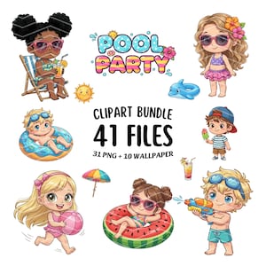 Pool Party Clipart Bundle, 41 Files Cute Summer Kids PNG, Swimming Pool Float Beach Sublimation, Wallpaper, Commercial Use Instant Download