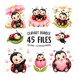 Söt nyckelpiga Clipart-paket, 45 filer akvarell nyckelpiga PNG, sublimering av blommig vårplantering, tapeter, kommersiellt bruk