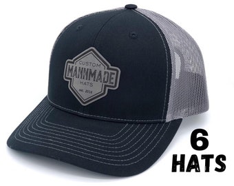 6 Business Logo Patch Hats, Richardson Hats, Logo Hats, Laser Engraved Leather Patch, Company Logo Hat, Personalized Hats, Business Swag