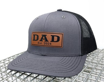 Leather Patch DAD Established Hat, Father's Day Gift, New Dad, Daddy, Richardson 112, Trucker Hat, Snapback, Baseball Hat, Custom