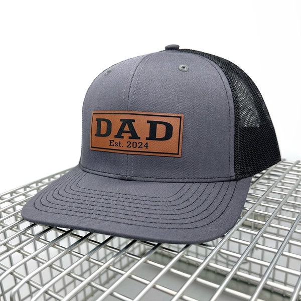 Leather Patch DAD Established Hat, Father's Day Gift, New Dad, Daddy, Richardson 112, Trucker Hat, Snapback, Baseball Hat, Custom