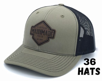 36 Custom Leather Patch Hats, Richardson Hats, Logo Hats, Laser Engraved Leather Patch, Company Logo Hat, Personalized Hats, Business Swag