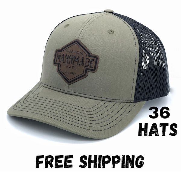36 Custom Leather Patch Hats, Richardson Hats, Logo Hats, Laser Engraved Leather Patch, Company Logo Hat, Personalized Hats, Business Swag