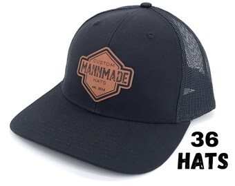 36 Custom Leather Patch Hats, Richardson Hats, Logo Hats, Laser Engraved Leather Patch, Company Logo Hat, Personalized Hats, Business Swag