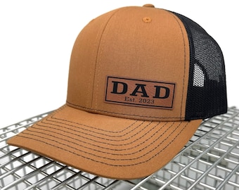 Leather Patch DAD Established Hat, Father's Day Gift, New Dad, Daddy, Richardson 112, Trucker Hat, Snapback, Baseball Hat, Custom