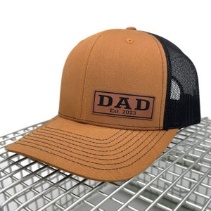 Leather Patch DAD Established Hat, Father's Day Gift, New Dad, Daddy, Richardson 112, Trucker Hat, Snapback, Baseball Hat, Custom