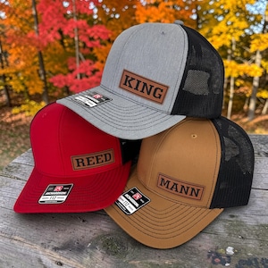 Personalized Leather Patch Richardson 112 Trucker Hat, Engraved Snapback