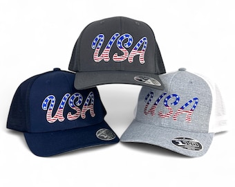 FlexFit 110 USA Hat, Embroidered Patriotic Trucker Cap